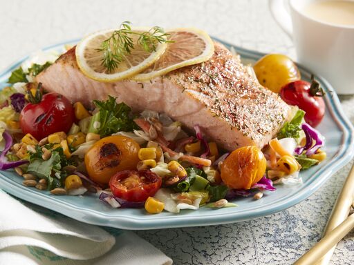 Baked Lemon Salmon with Corn and Tomatoes