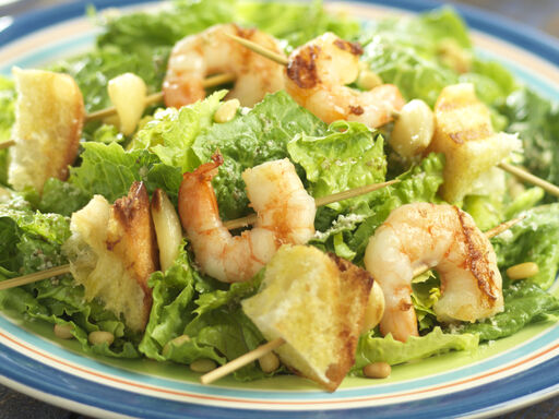 Pesto Shrimp Skewers with Hearts of Romaine